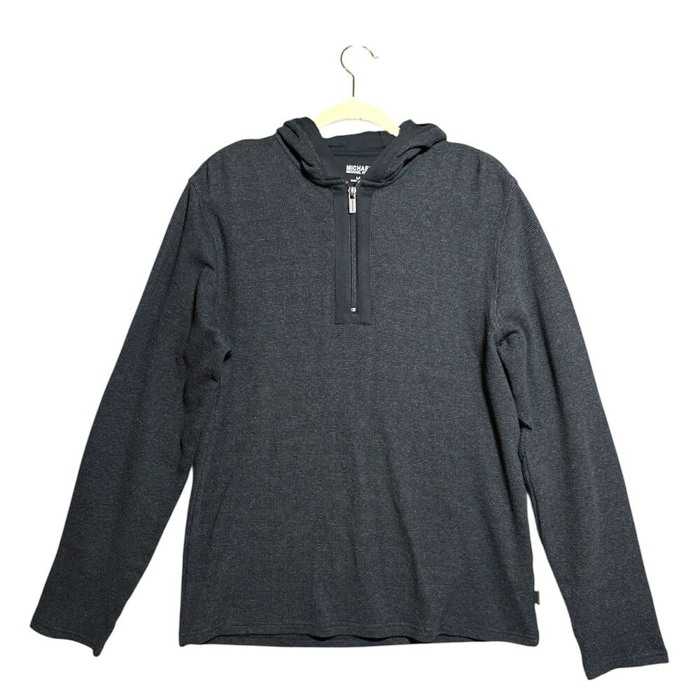 Michael Kors 1/4 Zip Knit Pullover Hoodie Long Sleeve Sweater Top Black Men's L